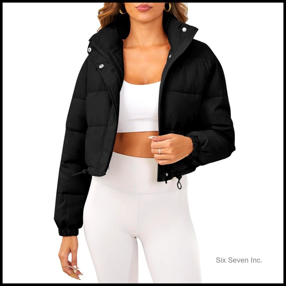 Cropped Quilted Puffer Jacket Oversized Baggy Stand Collar Drawstring